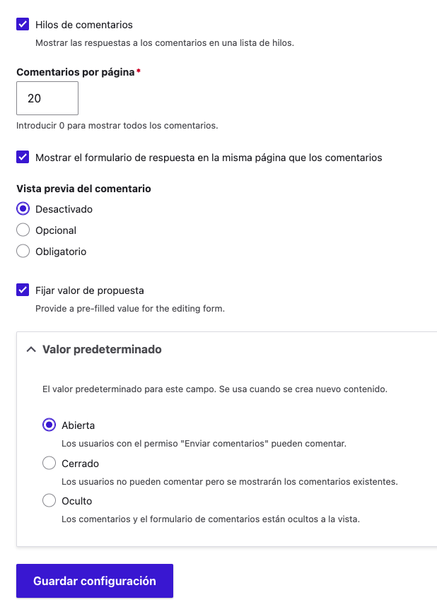 Configuración comentario